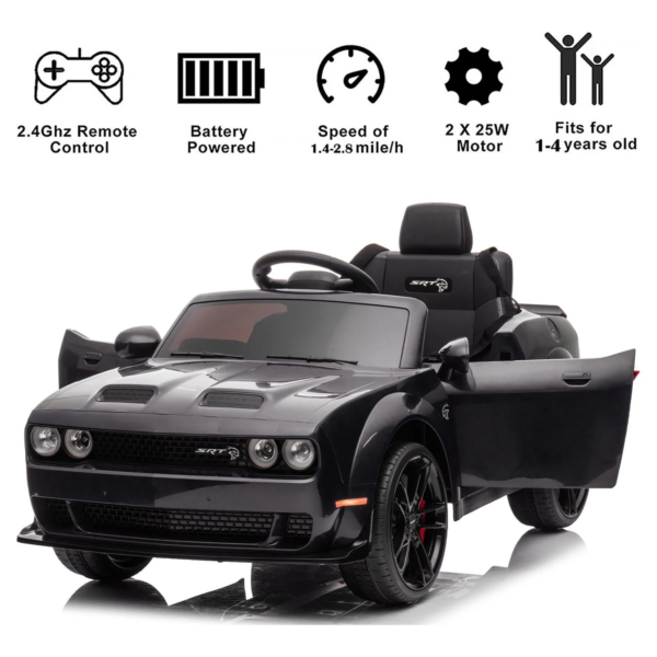 Dodge Challenger 12 V Powered Ride On Car with Remote Control, SRT Hellcat Toys for Kids, Black