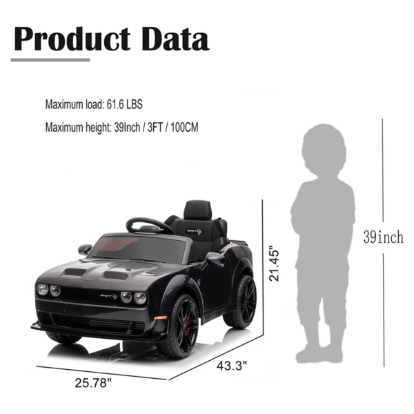 Dodge Challenger 12 V Powered Ride On Car with Remote Control, SRT Hellcat Toys for Kids, Black - Image 5