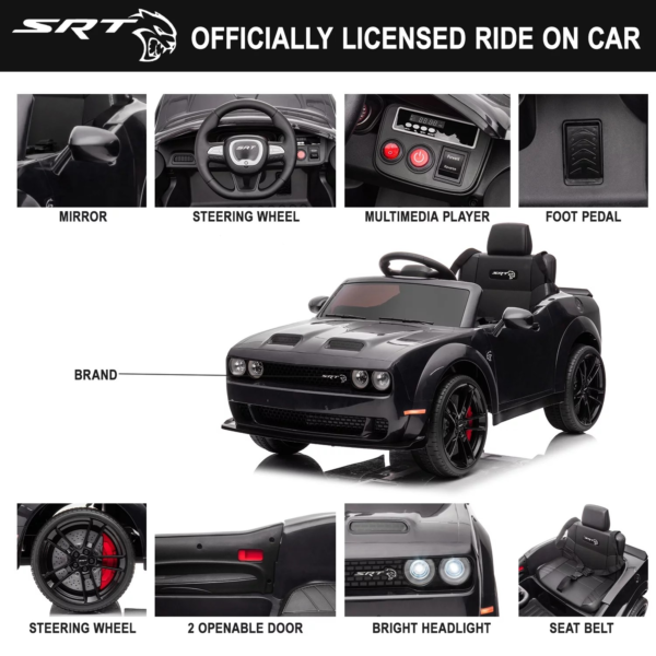 Dodge Challenger 12 V Powered Ride On Car with Remote Control, SRT Hellcat Toys for Kids, Black - Image 6